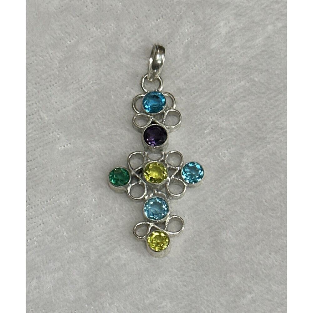 Citrine Amethyst Topaz Silver Pendant Marked .925 Sterling